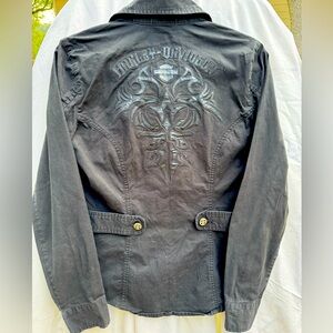 Harley-Davidson Black Womens long sleeve blouse size small w/leather like detail
